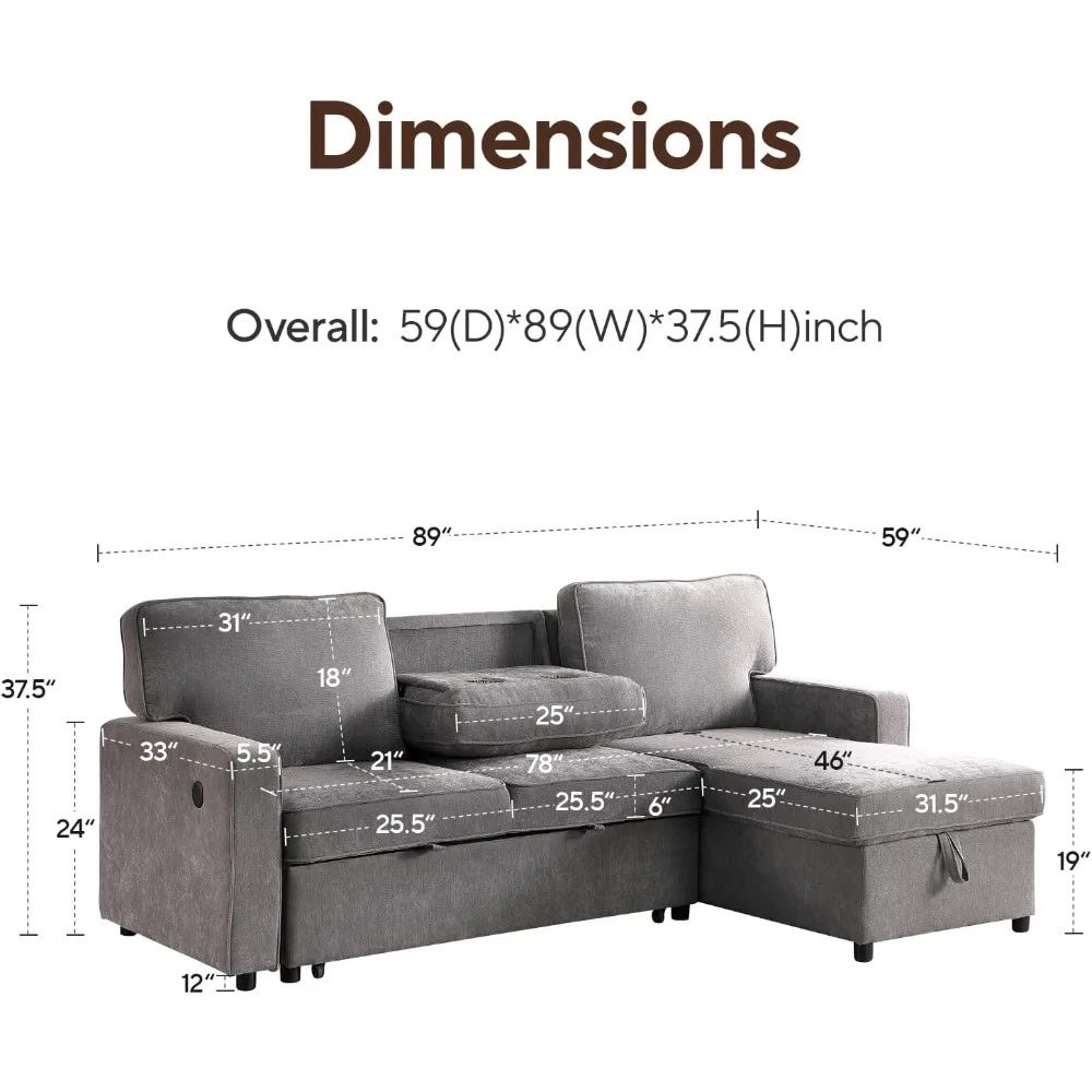 Sofa Bed, Modern Chenille 2-in-1 Pull Out Couch Bed, Convertible Sleeper Sofa with Storage Chaise, L Shaped Couch