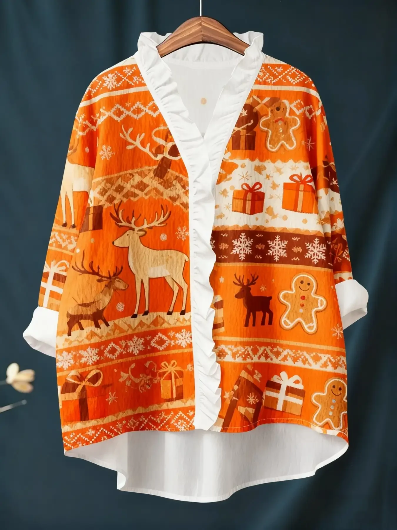 Nova camisa feminina de manga comprida com estampa digital de Natal e gola com babados, ajuste solto, s-2xl