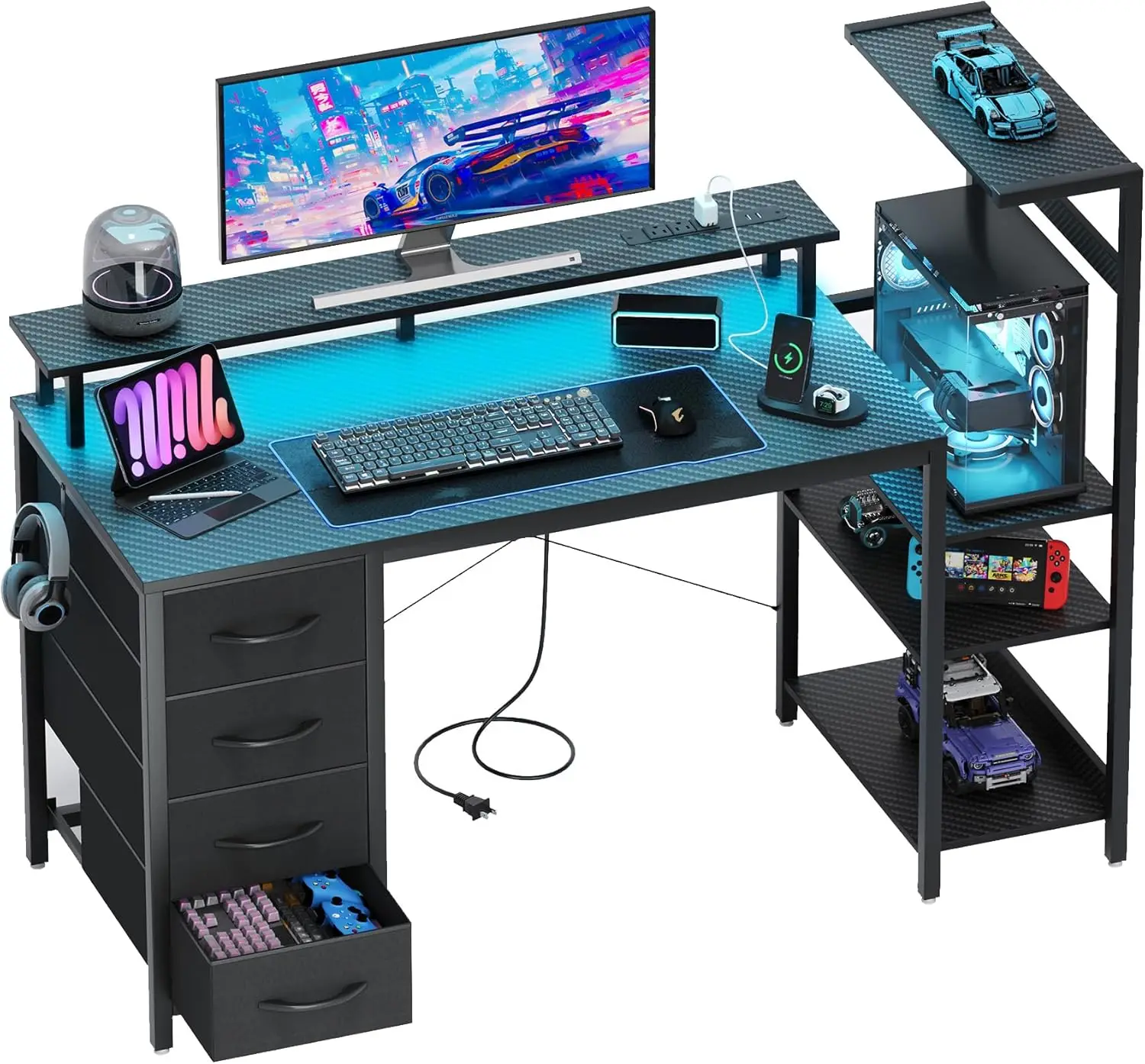 

LED Gaming Desk with Power Outlets, 51" Carbon Fiber, Storage Drawers & Monitor Stand
