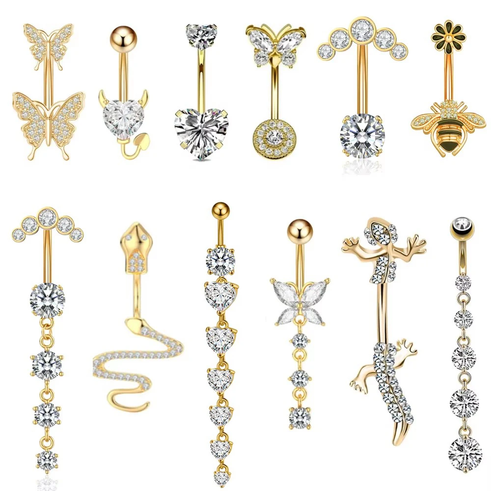 Mixed-style Gold Color Animal Series Belly Button Ring 14G Bee Snake Butterfly Dangled Navel Piercing Nombril Belly Ring Jewelry