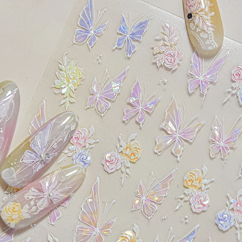 Pink White Butterfly Flower Peach Blossom Gradient Chic Petal 5D Star Soft Adhesive Nail Art Stickers Decorations Manicure Decal