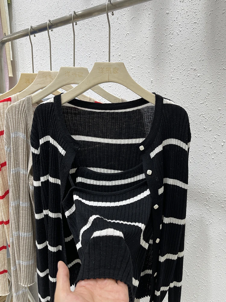 Nuovo 2024 Cardigan con cinturino a righe Set a due pezzi Inizio autunno Morbido maglione lavorato a maglia Jaet Top coreano Sle Long Sve Regular Fit