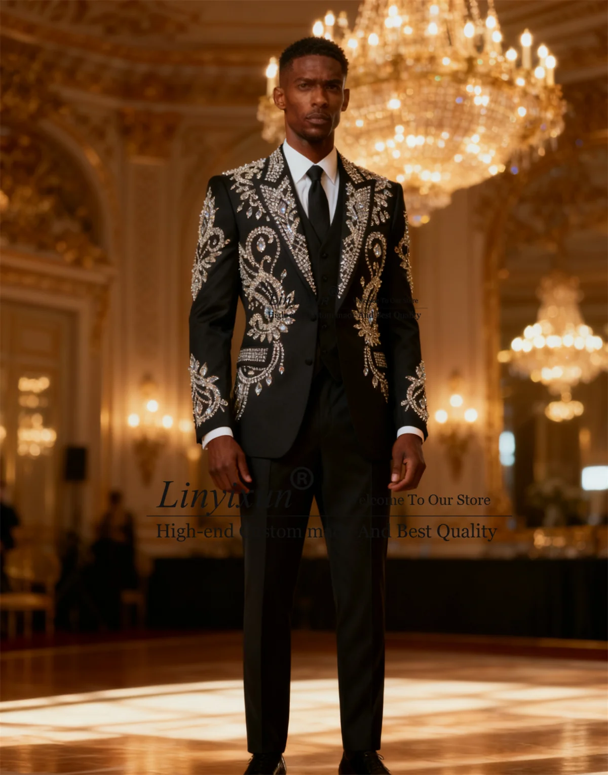 

Sparkly Beaded Crystals Wedding Groom Tuxedo Customized Men Suit 3 Piece Sets Party Blazer Slim Fit raje de hombre elegante