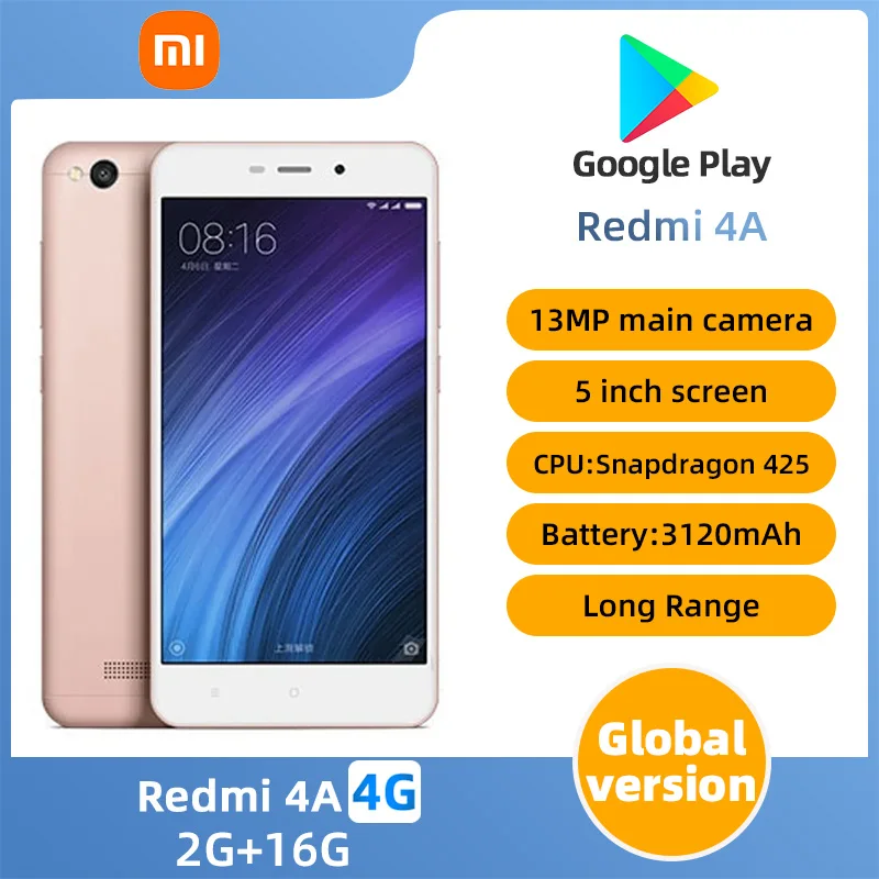 Original Xiaomi Redmi 4A Smartphone googleplay Mobile Phone 5inch RAM 2G ROM 16G 3120mAh Battery used phone