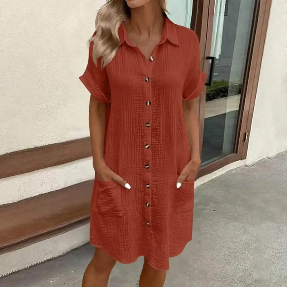 Elegant Womens Summer Dress Solid Color Button Front Mid Length Short Sleeve Loose Fit Casual Retro Style Breathable