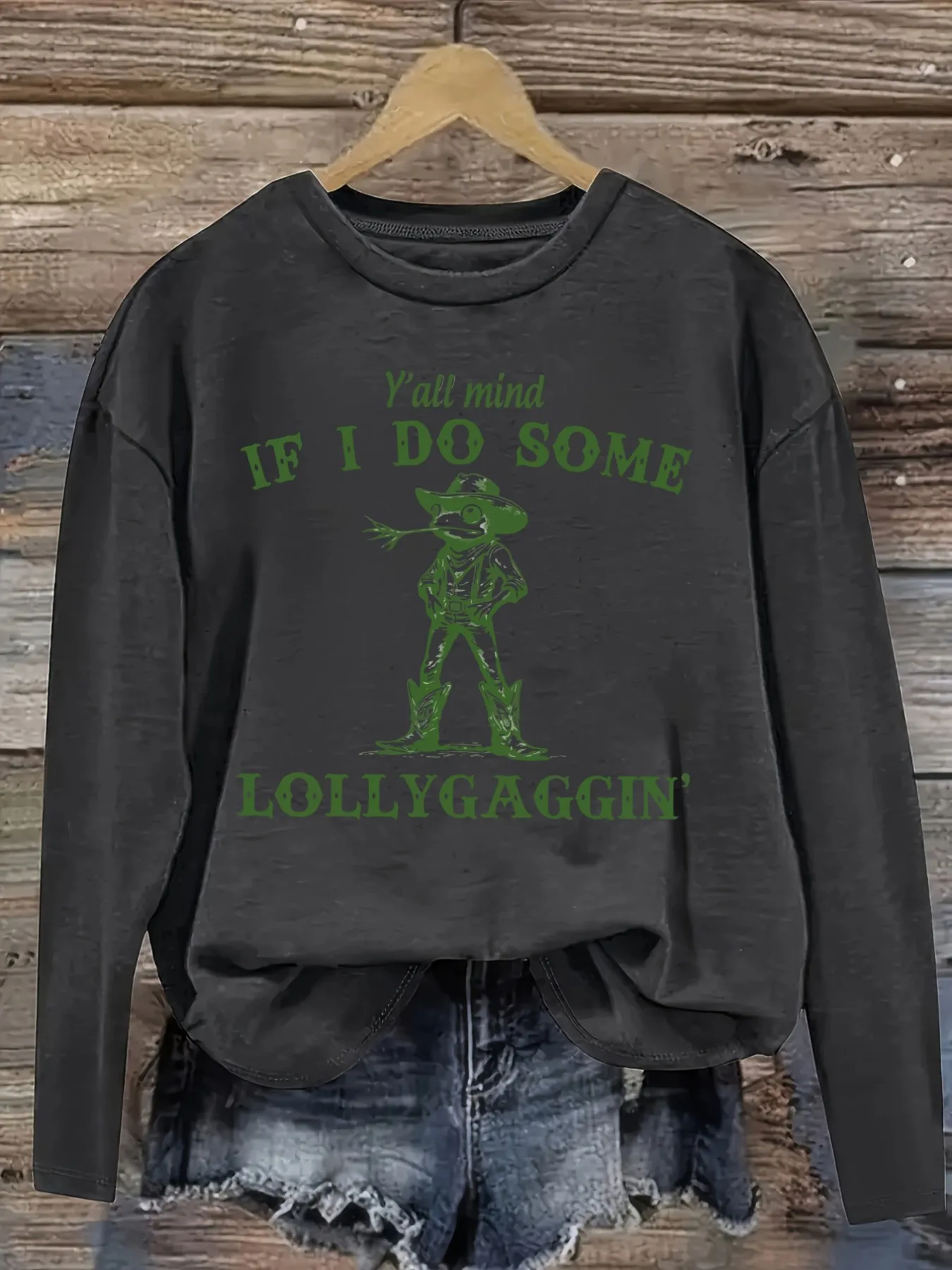 Women's Casual Long Sleeve Crew Neck T-Shirt Yall Mind If I Do Some Lollygaggin Design, Round Neck Women's Clothing, Machine Washable, Slightly Elastic, Loose Fit, Spring Autumn Winter Women's T-Shirt, Halloween Costume Outfit
