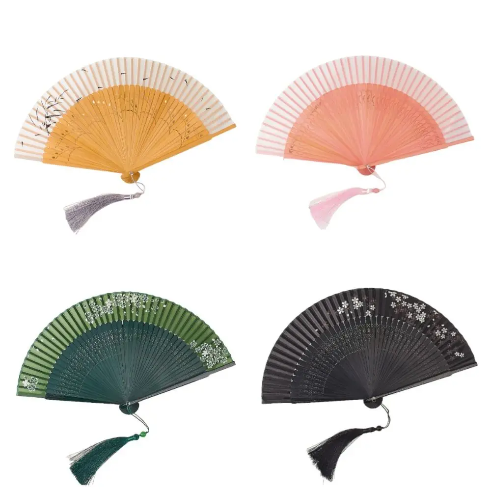 Portable Classical Carved Bamboo Folding Fan Flower Chinese Style Tassel Folding Fan Elegant Photo Prop Handheld Fan Dance Prop