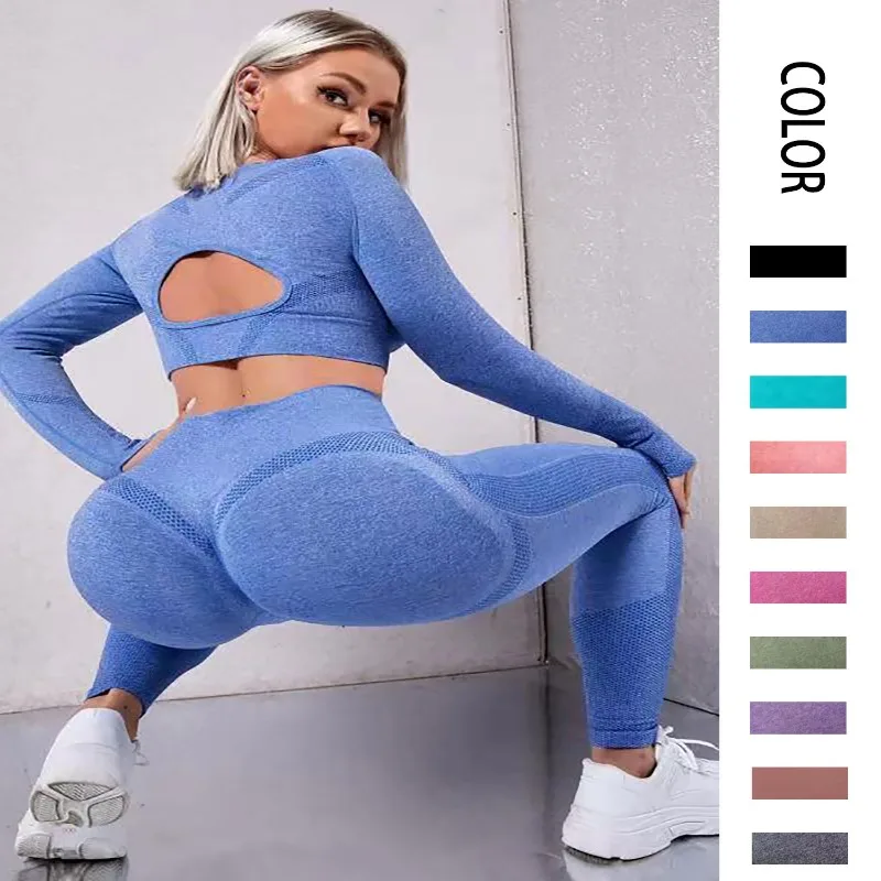 

Yoga Basic 2pcs Seamless High Stretch Tracksuit Gym Set Crisscross Back Cami Hip-hugging Tummy Control Leggings