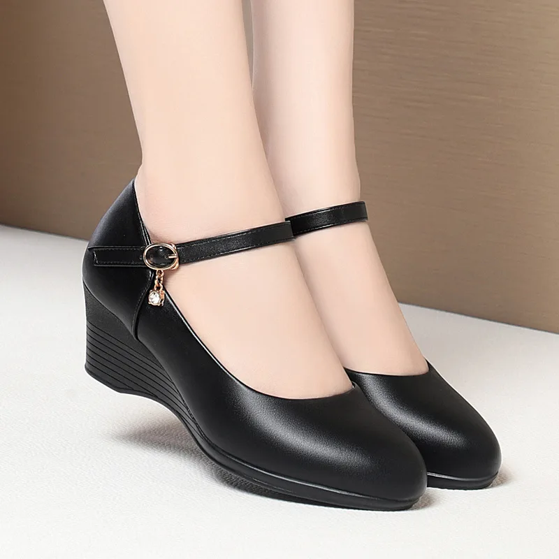 New Round toe Women's Shoes Casual Fashion High Heels Women Black Wedge Work Shoes Comfortable Office & Commuting Shoes