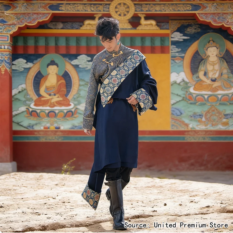

Мужской двусторонний тибетский халат, винтажное льняное платье с цветочной отделкой, традиционная этническая одежда