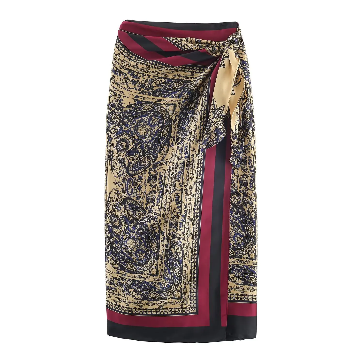 Damen-Wickelrock im Paisley-Stil, Wickelrock mit Paisley-Print, Midirock mit Bindedetail und Schlitz, eleganter Rock im Seidenschal-Stil UQNX