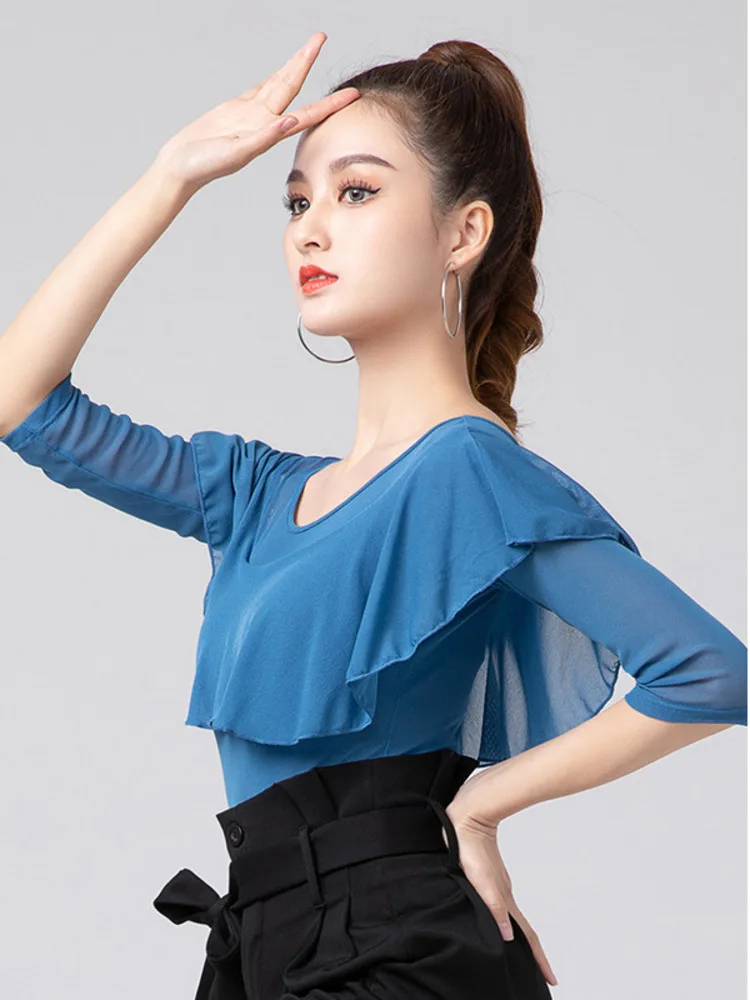 Solid Color Flamengo Girl Latin Dance Tops Competition Women Elegant Ruffle Top Practice Girls Slim Fit Line Costume Clothing