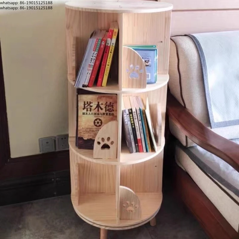Solid Wood Bookcase Kids Floor Bookshelf Storage Rak Living Room Corner Picture Book Organizer Space-Saving 360° Rotating