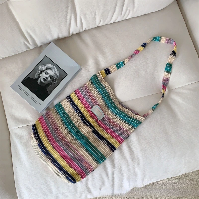 Knitted Stripe Women Contrast Color Tote Handbags Rainbow Y2k Aesthetic Grunge Shoulder Bag Fashion High-capacity Crossbody Bags