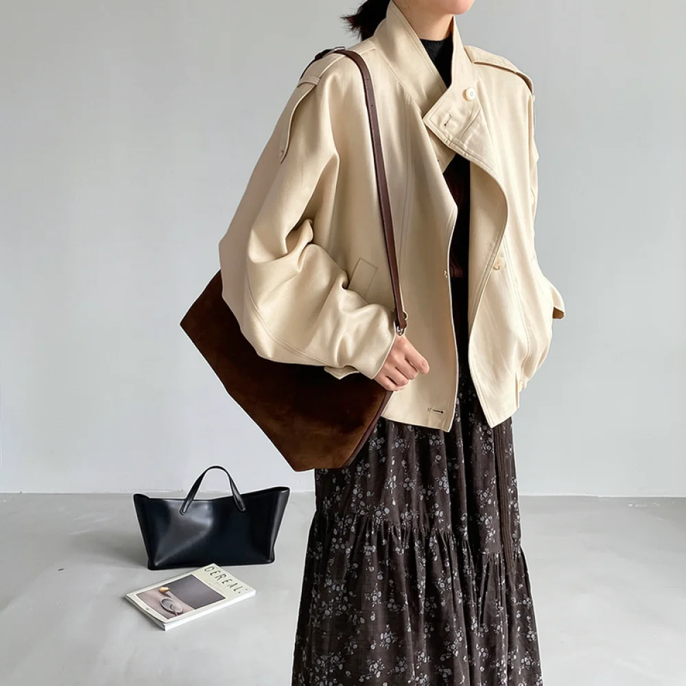Fashion Women Windbreaker Batwing Sleeve Jacket Lyocell Linen Blend Loose Autumn Outerwear Korean Style Daily Top