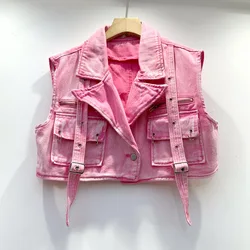 Women Double Pockets Denim Vest Jacket Turn Down Collar Jeans Sleeveless Coat Summer Pink High Waist Cowboy Tanks Cardigan Tops