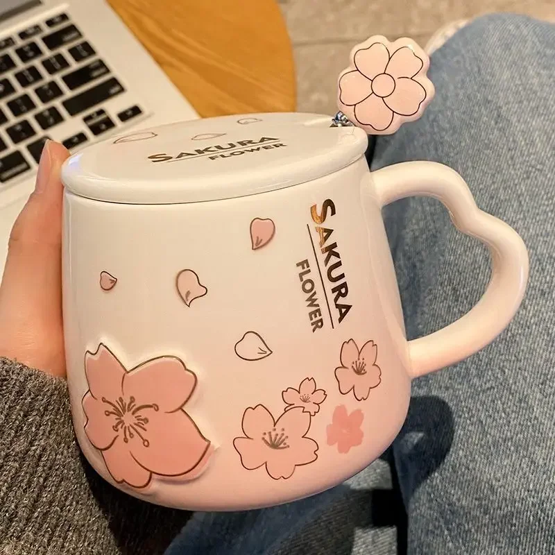 New High Beauty Mug with Lid Spoon Sakura Powder Household Lovely Breakfast Lovers Milk Coffee Mug Ceramic Mug