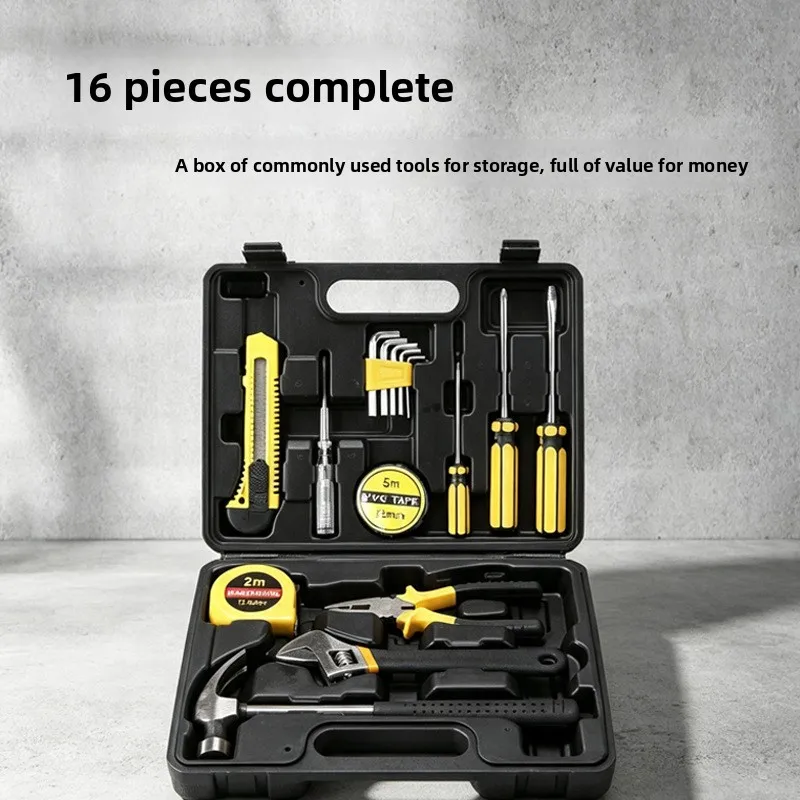 16-Piece Household Tool Kit Set with Pliers Wrench Screwdriver Hammer Tape Measure Multi-Purpose Repair Toolbox Yellow