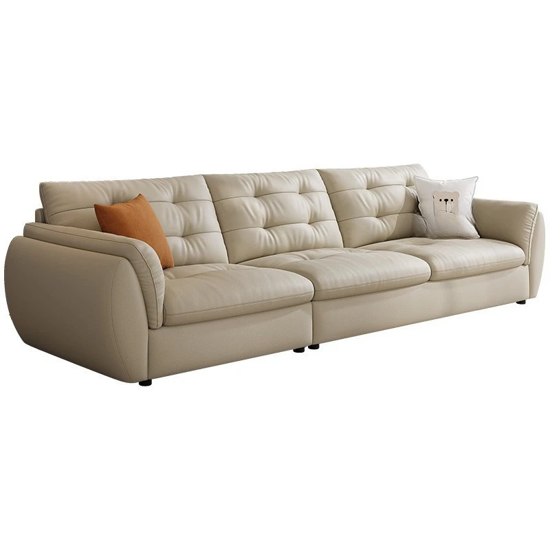 

Nordic simple modern light luxury first layer cowhide leather straight row cream wind down cloud leather sofa