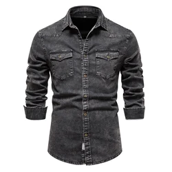 AIOPESON Cotton Men Denim Shirts Double Pocket Solid Color Casual Male Cowboy Shirts New Autumn Slim Quality Shirts for Men