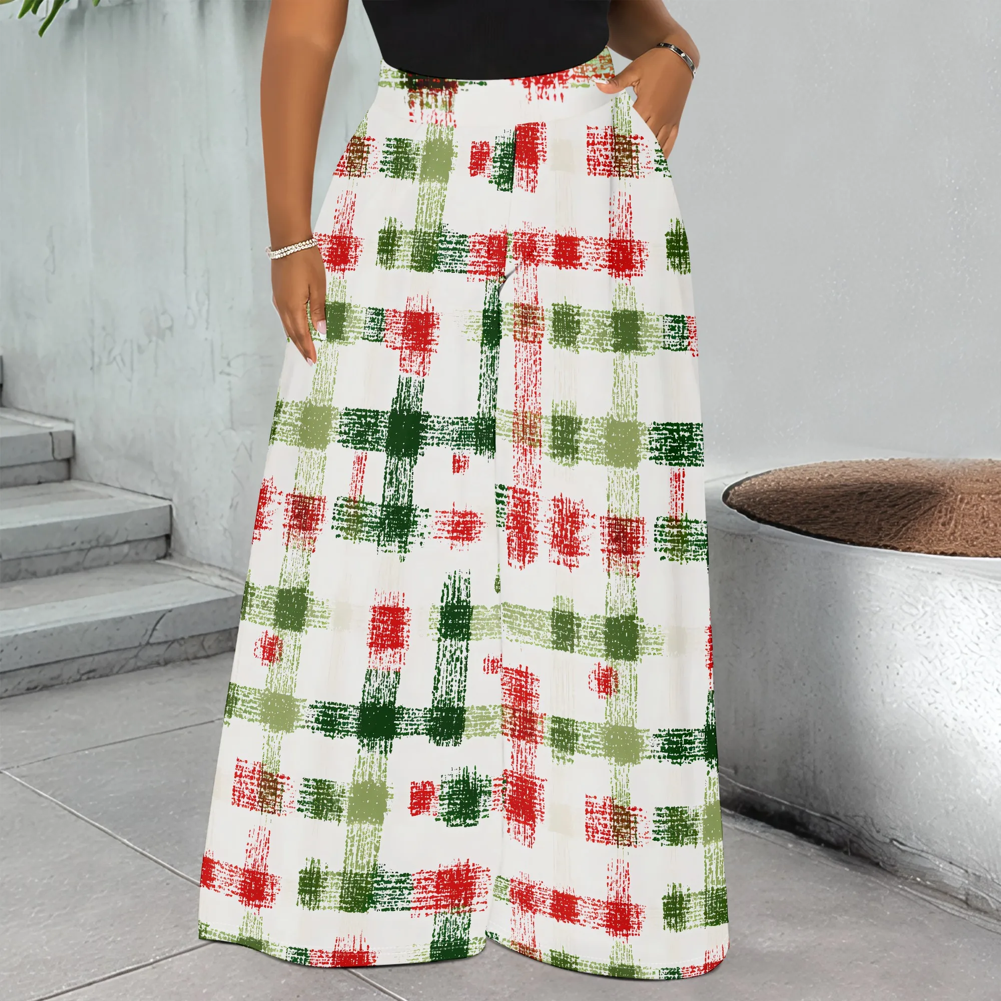 Brush Plaid Wide Leg Pants, Red Green Pattern Trousers, High Waist Pocket Palazzo, Casual Holiday Wear, S-2XL