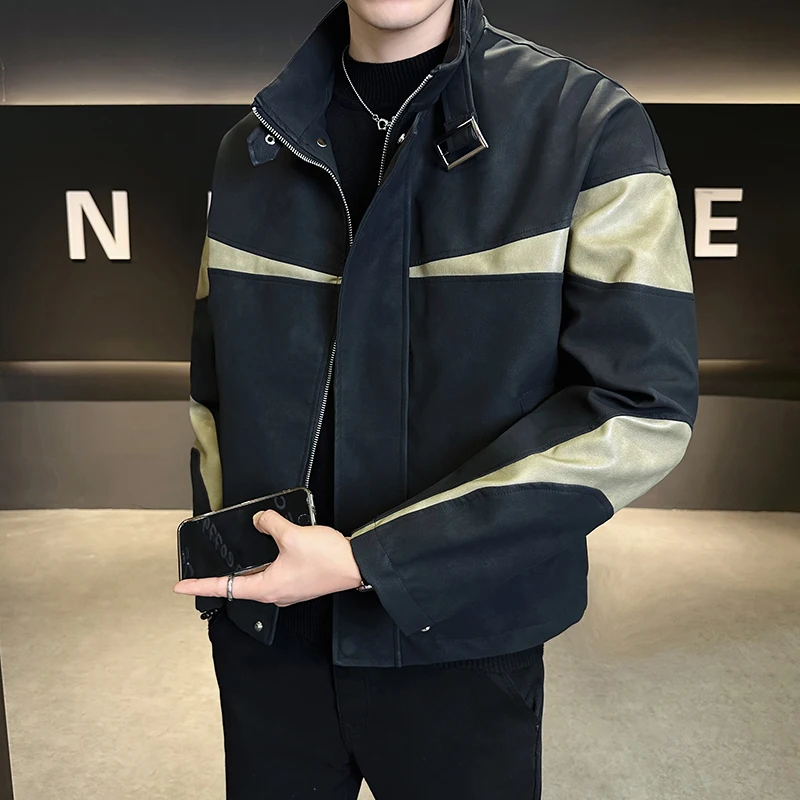 

American Casual Sle Patchwork Color Stand Collar Men's Leather Jaet Autumn New Retro Design Leather Coat Outerwear