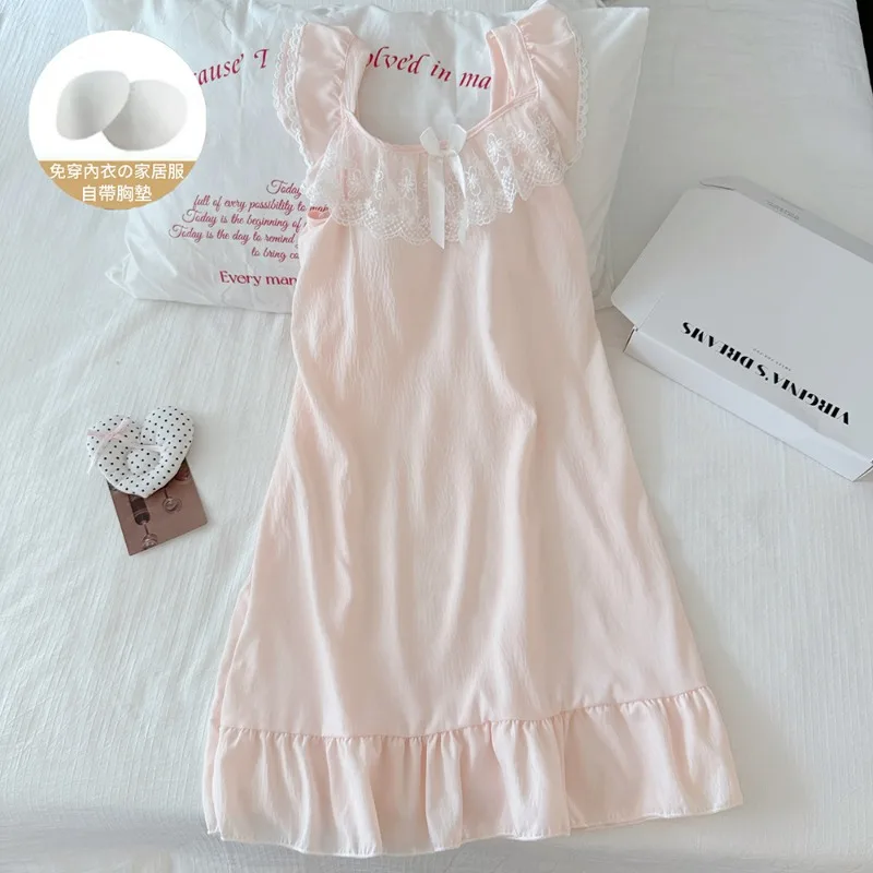New Women Summer Sleeveless Nightgown Chest Pads Girl Lace Casual Homewear Student Wearable At Home Ladies Casual Sleepwear Lady - view 2