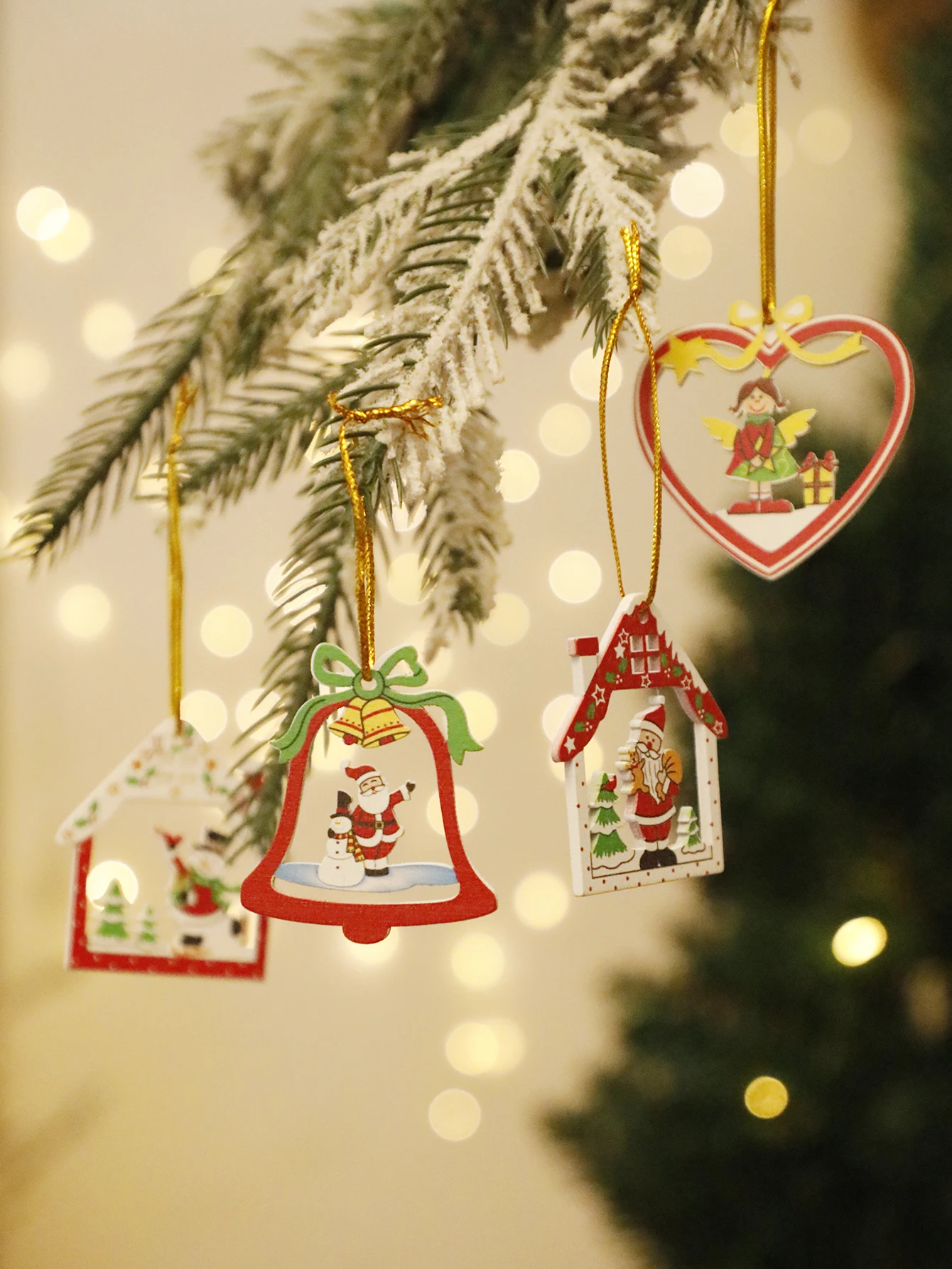 1 Set of 4 Wooden Christmas Hanging Ornaments Santa Snowman Angel Rustic Farmhouse Style Holiday Decorations for Christmas Tree