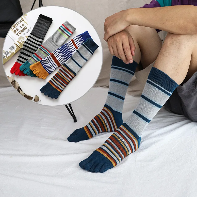 

5 Pairs Long Men Colorful Five Finger Socks Mid-Calf Warm Cotton Sox Fashion Striped Business Casual Sport Socks with Toes