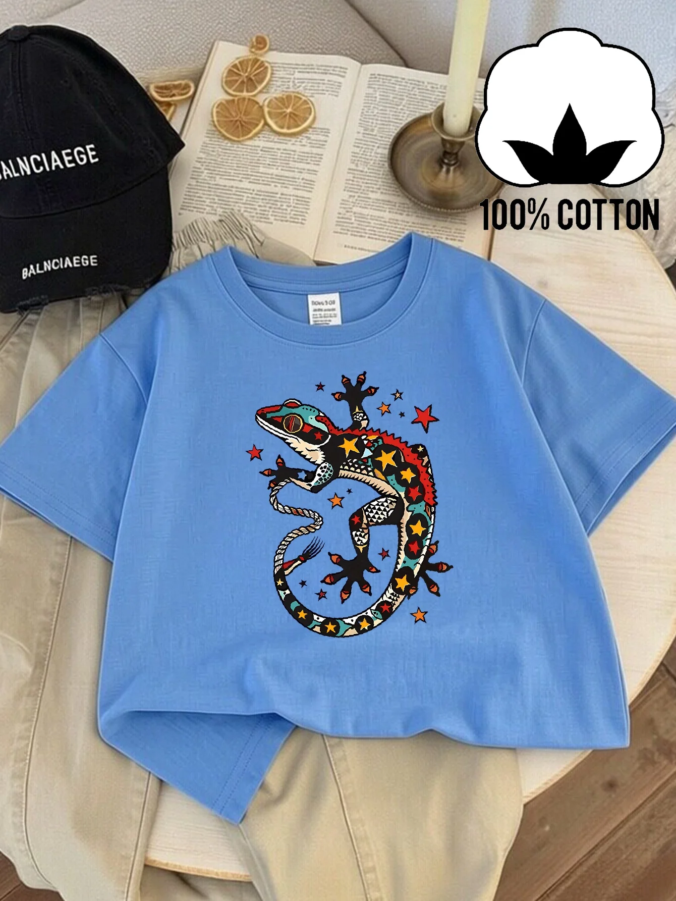Children's Casual T-shirt Colorful Gecko Star Pattern Print Fun Summer Design Playful Children's Clothing Parent-child Outfit