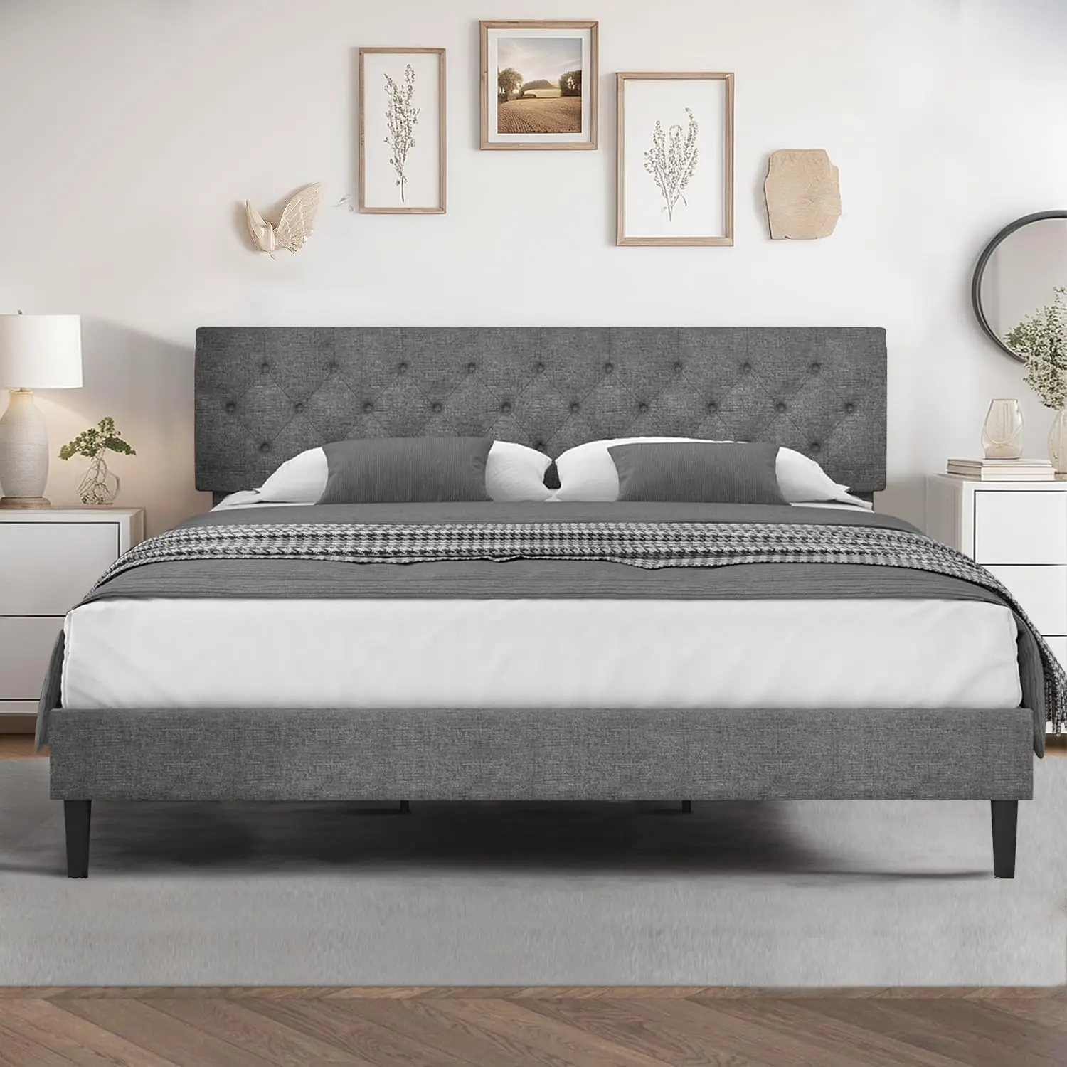 King Size Bed Frame, Linen Fabric Upholstered Bed Frame King Size with Headboard, Wood Slats Support, Button Tufted Design, No