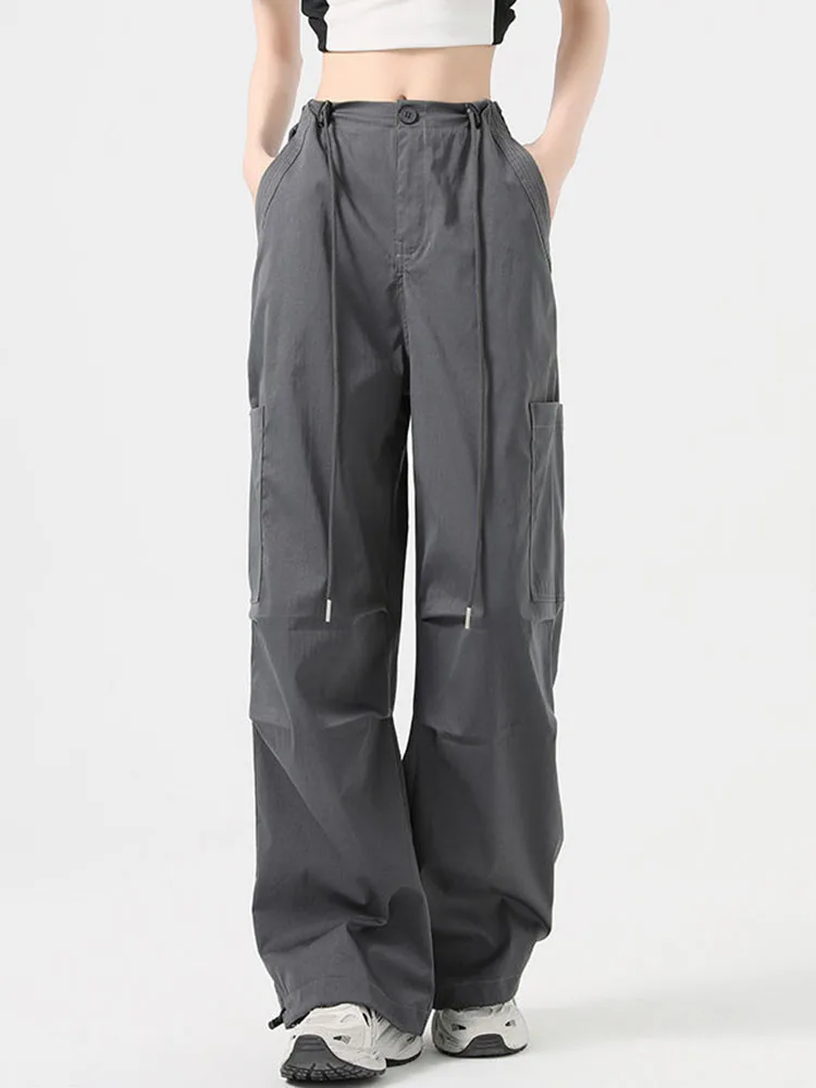 Korean Design Loose Thicken Cargo Pants Winter Warm High Waist Lace Up Straight Pantalones Women Casual Velvet Lined Calca New