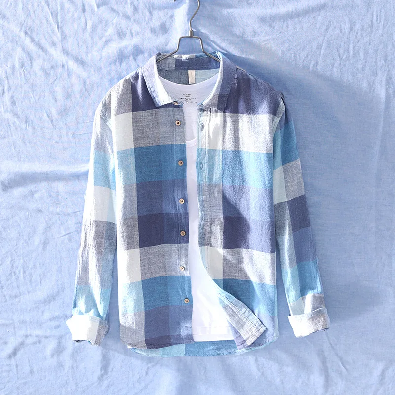 Men Clothing 2022 Simple Plaid Long-sleeved Cotton Linen Shirt Men\'s Casual Thin Literary Youth Breathable Loose Linen Shirt