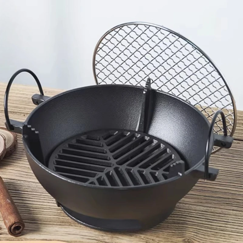 Cast Iron Charcoal Grill,Portable Round BBQ Smoker with Handle for Outdoor Backyard Camping Multi-Function Fire Pit&Patio Grill