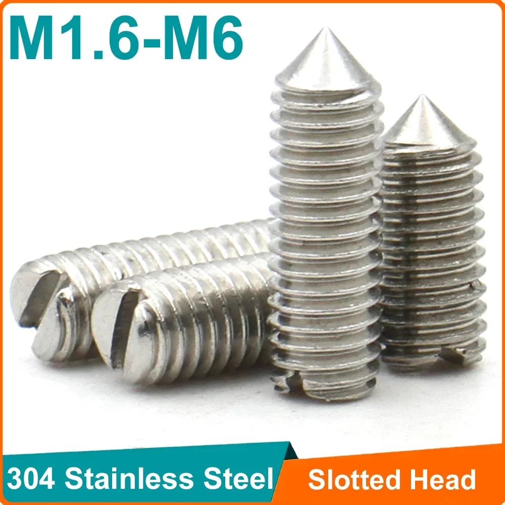 (10PCS)M1.6 M2 M2.5 M3 M4 M5 M6 304 A2-70 Stainless Steel Slotted Tip Set Screw Machine Thread Cone Point Grub Screws DIN553