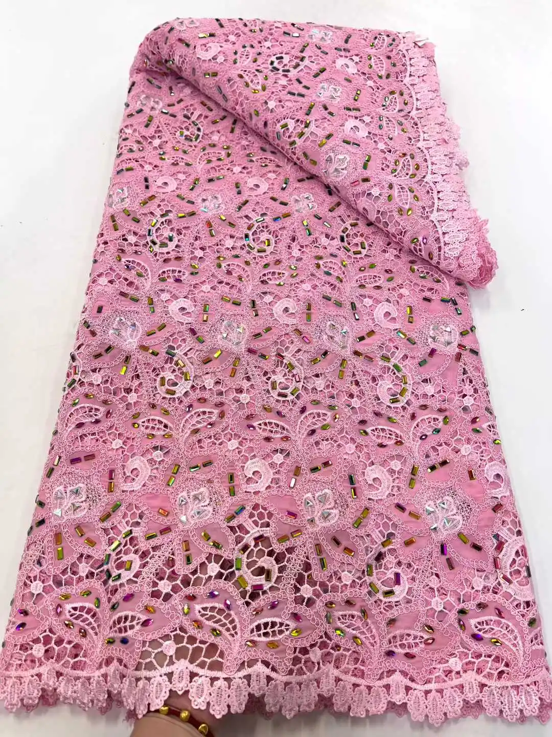 5yards 2025 African Cotton Lace Fabric with Stones Hot Selling Nigerian Swiss Voile Lace Fabric for Sewing Wedding Dresses