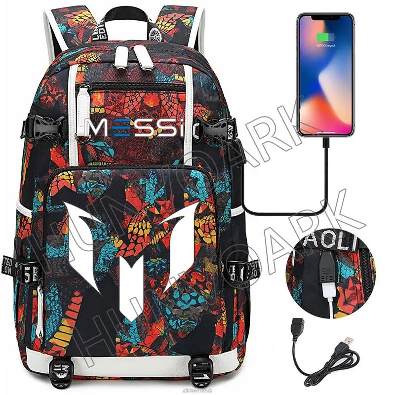 Messi Capacity Backpack Teenage Girl Boys USB charging Laptop School Bags Camouflage Laptop Travel Business Outdoor Mochilas