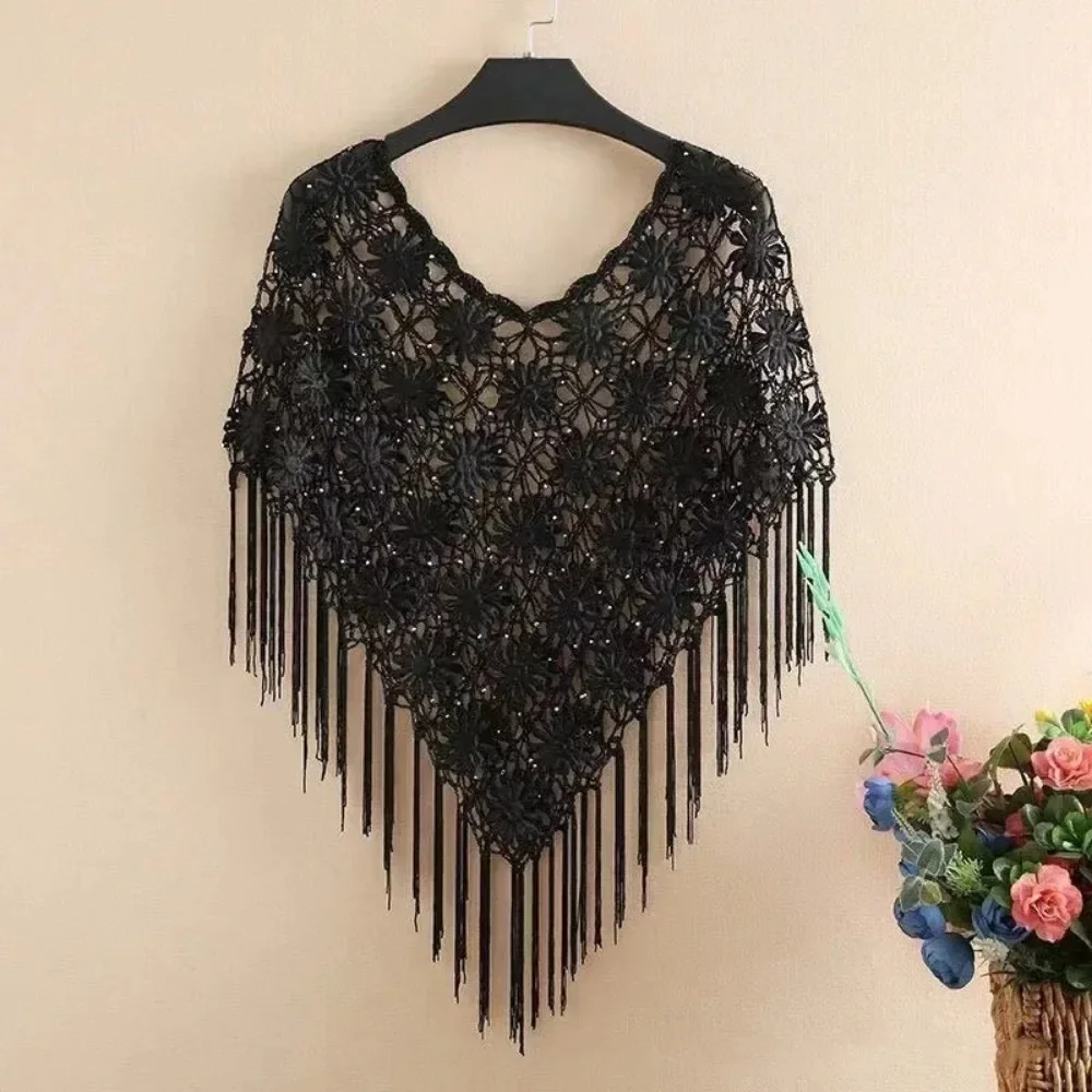 Thin Crochet Knitted Cape Ladies Fashion Ethnic Style Jackets Cloak Woman Clothing Tassels Shawl Poncho Women Summer Wraps Coats