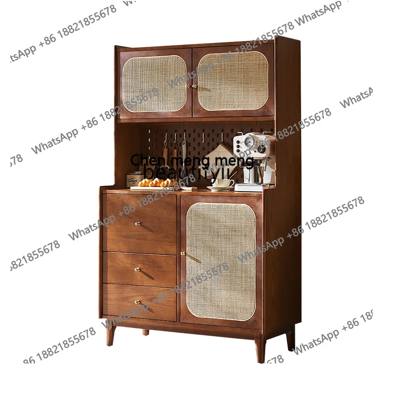 

New Chinese retro solid wood dining side cabinet Small apartment storage cabinet Nordic rattan integrated wall storage cupboard