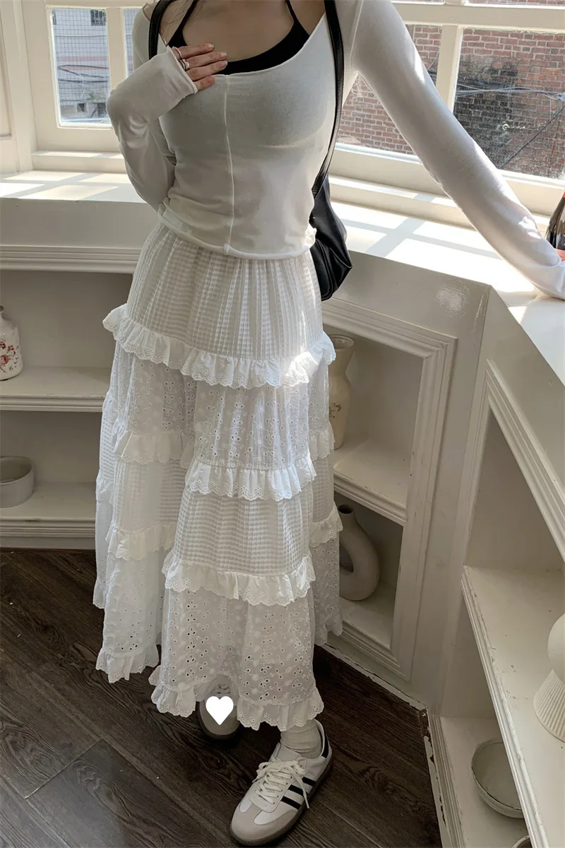 Women Chic High Waist Lace Tiered Long Skirt Gentle Style Hook Flower Half Skirt White A-line Full Skirt Spring Autumn New 2024