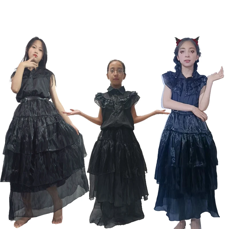 

Movie Wednesday Cosplay Costume Black Long Dresses Wednesday Addams Cosplay Gothic Wind Adult Kids Halloween Party Dress Costume