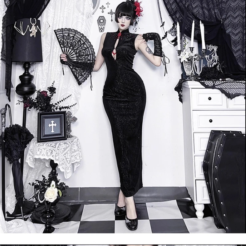 Gothic Dark Hot Girl Cheongsam Subculture Concert Women's Dress Original Design Sexy Hollow Out Sleeveless Long Dresses Ladies