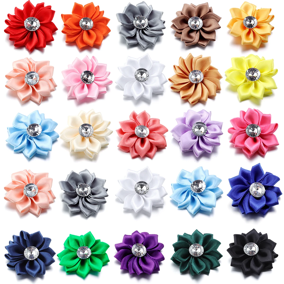 20Pcs Mini Satin Ribbon Flowers 14Point Polyester Lotus Headpiece with Diamond for DIY Hair Clip Clothing Decoration Accessories