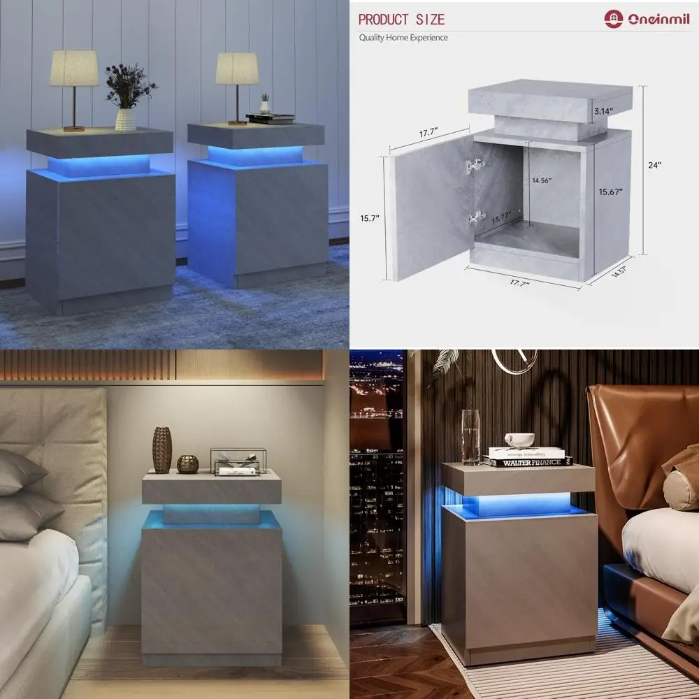 مجموعة منضدة نوم مضيئة بإضاءة LED مكونة من قطعتين مع خزائن تخزين وطاولات بجانب السرير حديثة لإضاءة الليل والتخزين المحسن لذلك #1