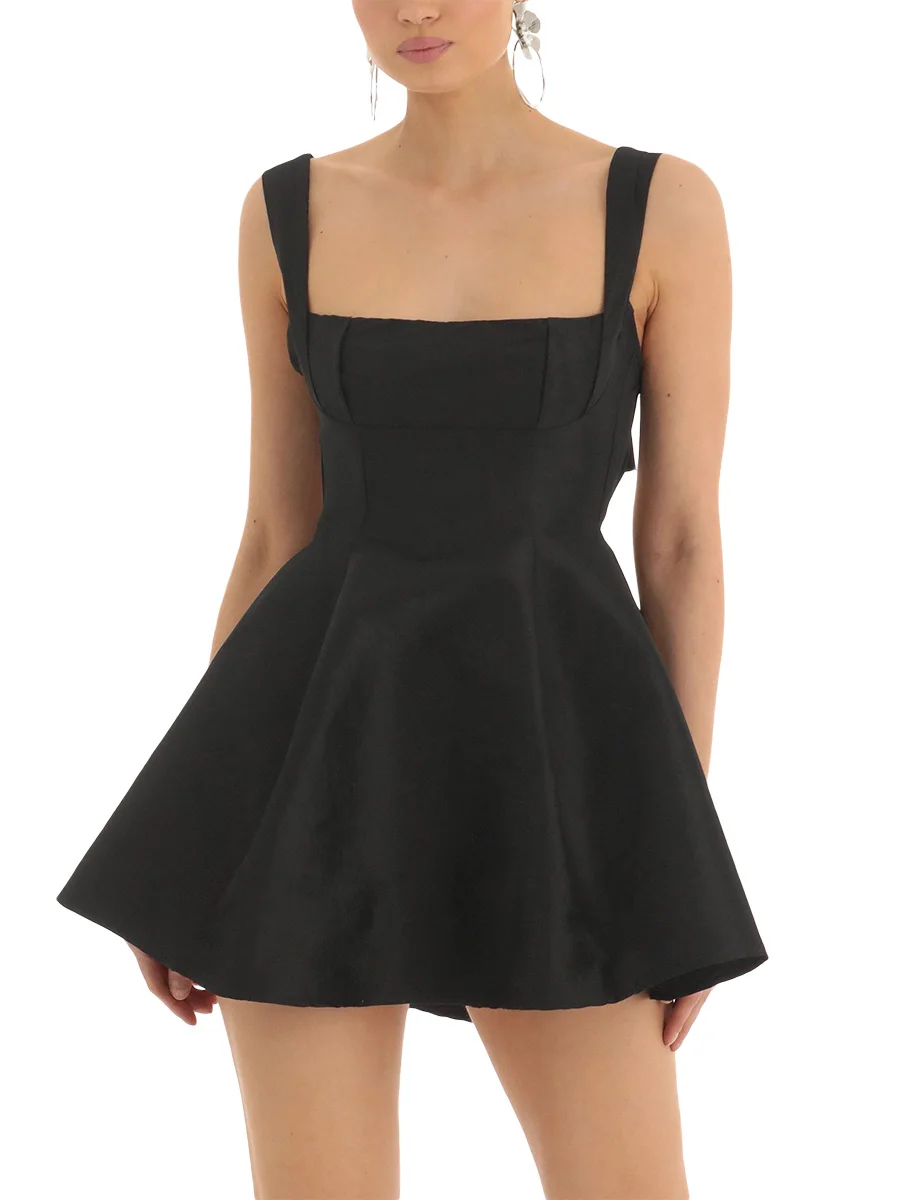 Vestido Corto De Verano Sin Mangas - Cuello Cuadrado Con Encaje, Color Sólido, Estilo Y2K Acampanado, Ideal Para Fiestas Y Playa