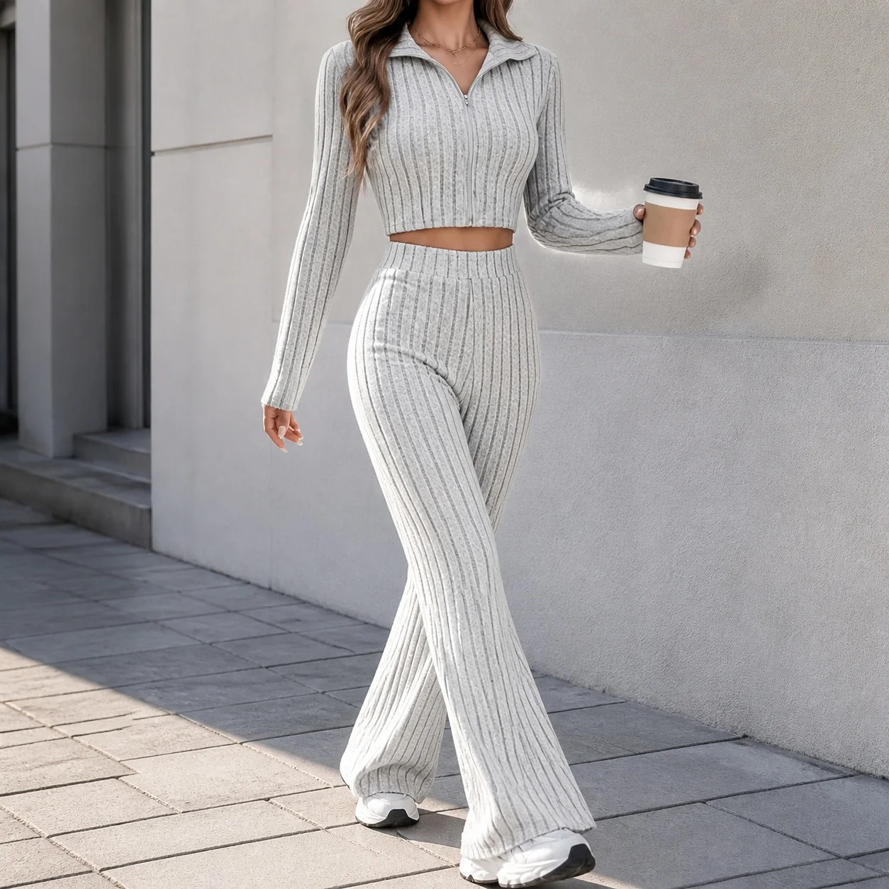 Zipper Sets Long Sleeve Full Length Sexy Style with Private Celebrity Style Long Pants High Manganese Acid Wash Women Sets