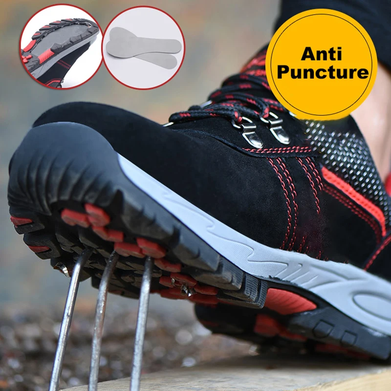 Oulylan Anti Slip Steel Toe Work Shoes Cowhide Lace Up Safety Boots Wear Resistant Thick Sole Protective Footwear For Men