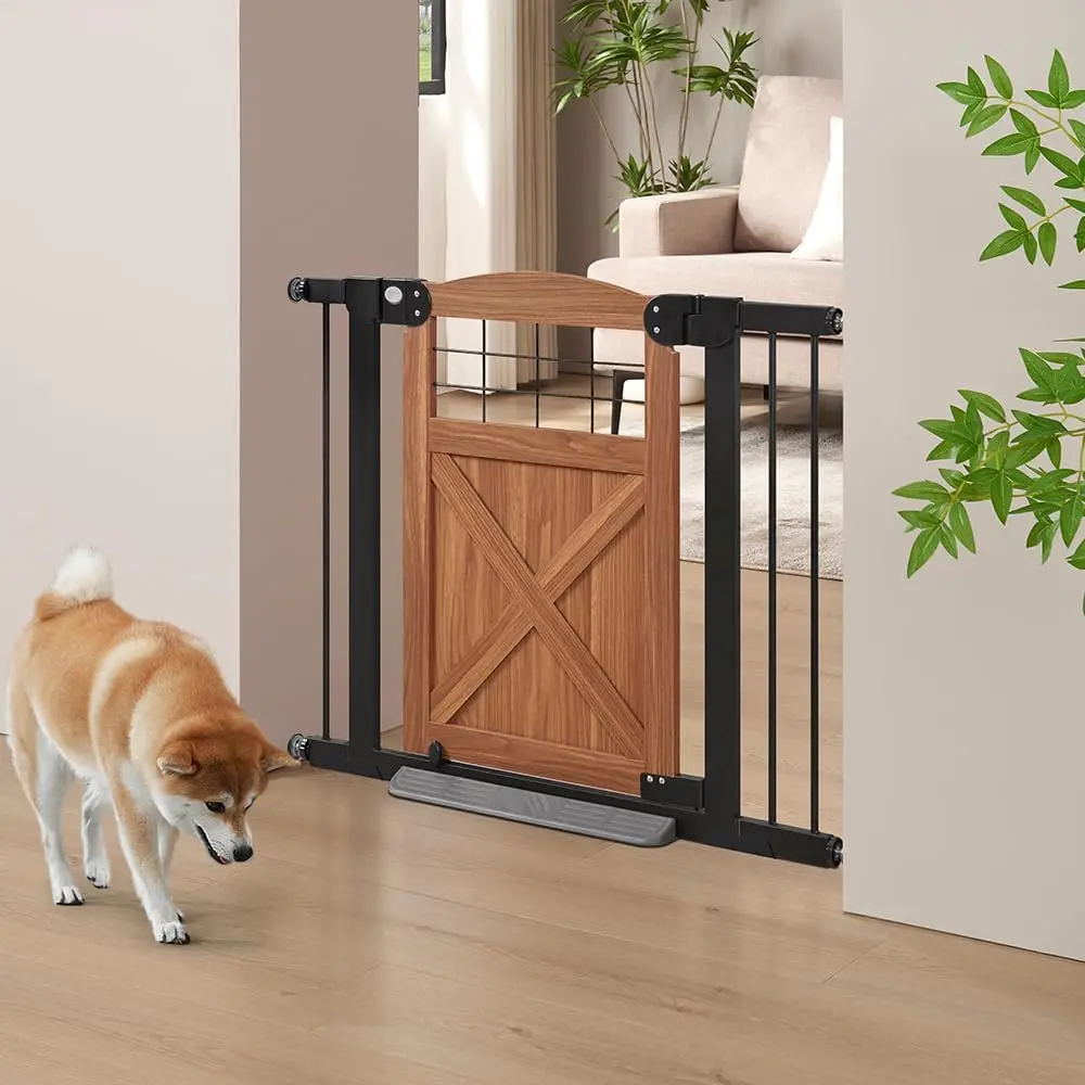 Barn Door Dog Gate, Anti-Kick Pet Gate with Walk Through Door, Modern Farmhouse Puppy Gate, Pressure Mounted Safety Dog Gate for