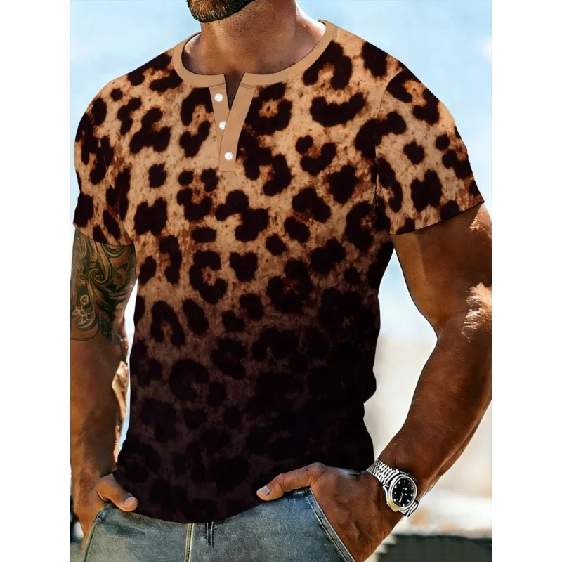 

Ретро-рубашка с животным принтом для мужчин, футболка с 3D-принтом леопарда, летний уличный топ, футболка с коротким рукавом, поло с воротником-стойкой.