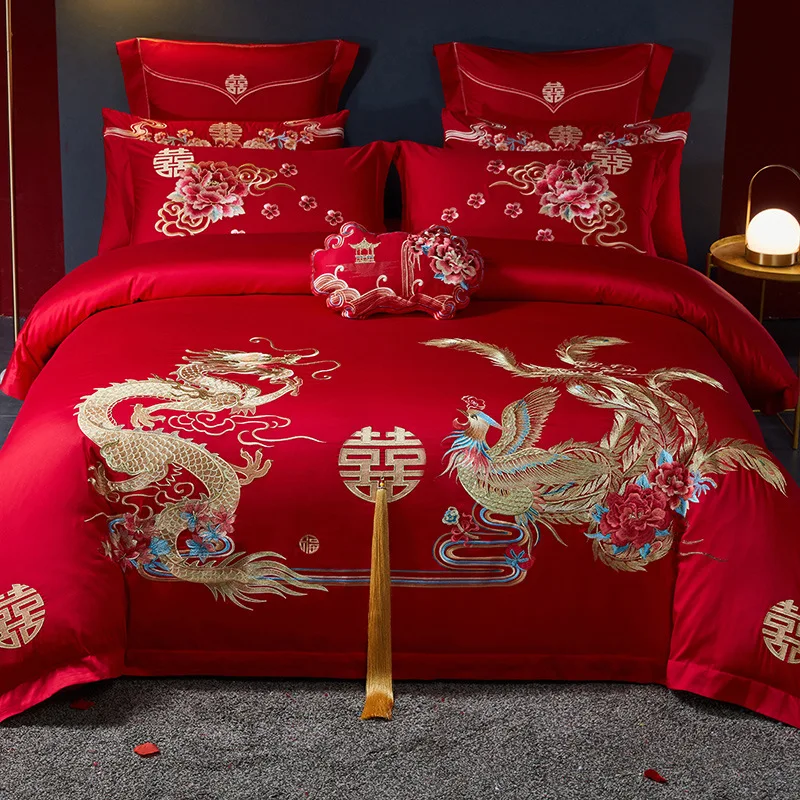 100S Long Staple Cotton High Count High Density Exquisite Dragon Phoenix Embroidery Four Piece Set Big Red Multi Piece Set